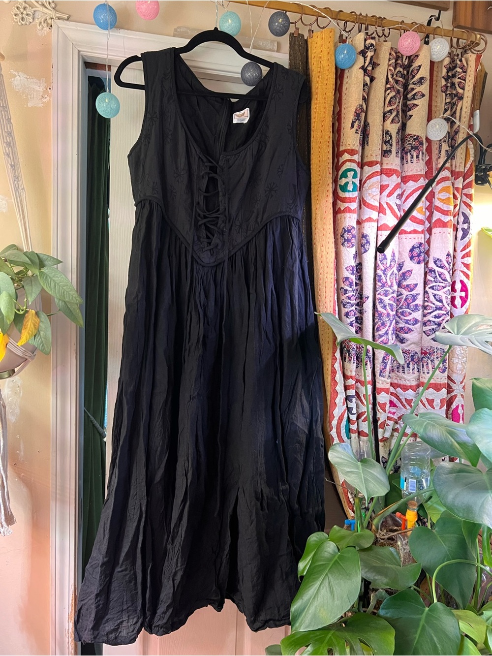 Black linen Sleeveless Lace-Up Maxi Dress